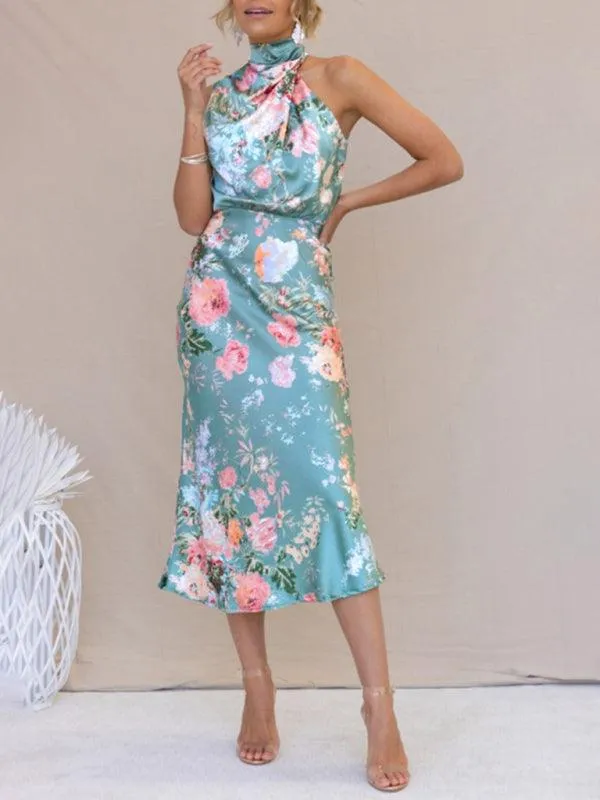 Elegant Floral Satin Halter Neck Dress - Women's Fashion Statement