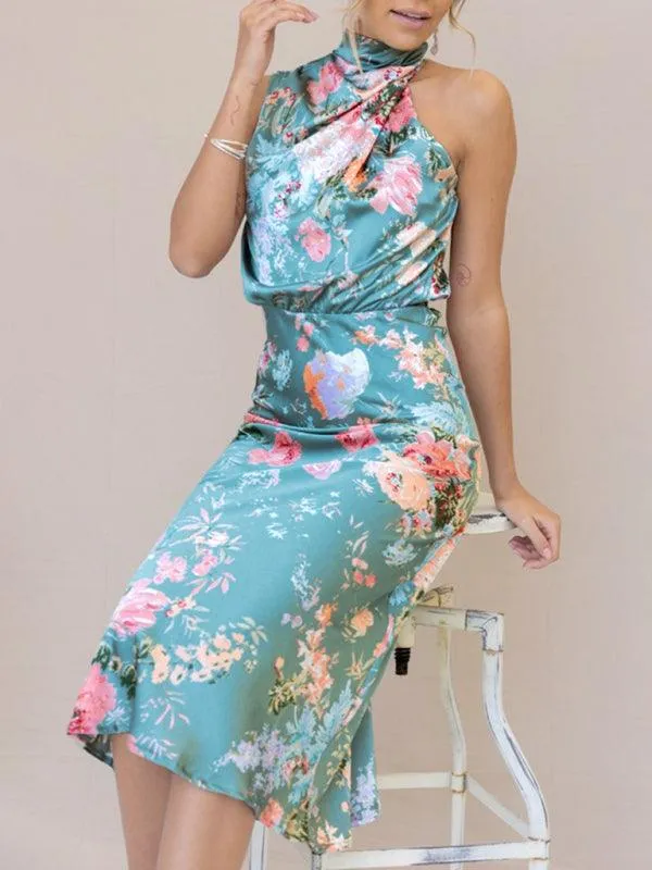 Elegant Floral Satin Halter Neck Dress - Women's Fashion Statement