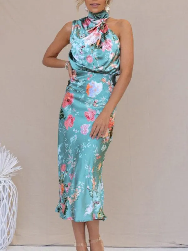 Elegant Floral Satin Halter Neck Dress - Women's Fashion Statement