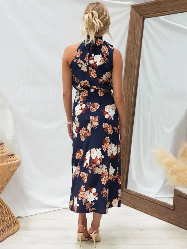 Elegant Floral Satin Halter Neck Dress - Women's Fashion Statement