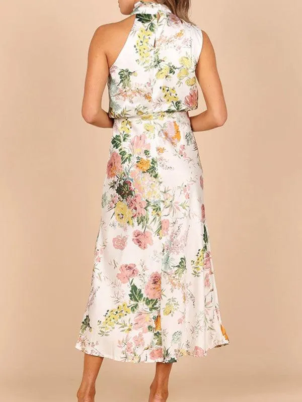 Elegant Floral Satin Halter Neck Dress - Women's Fashion Statement