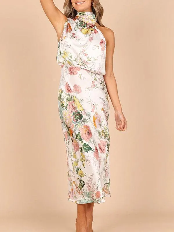 Elegant Floral Satin Halter Neck Dress - Women's Fashion Statement