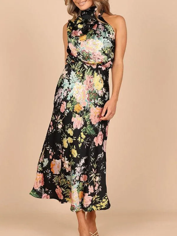Elegant Floral Satin Halter Neck Dress - Women's Fashion Statement