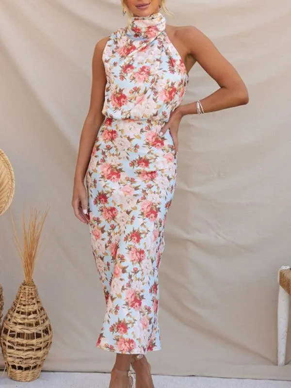 Elegant Floral Satin Halter Neck Dress - Women's Fashion Statement