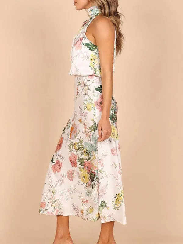 Elegant Floral Satin Halter Neck Dress - Women's Fashion Statement