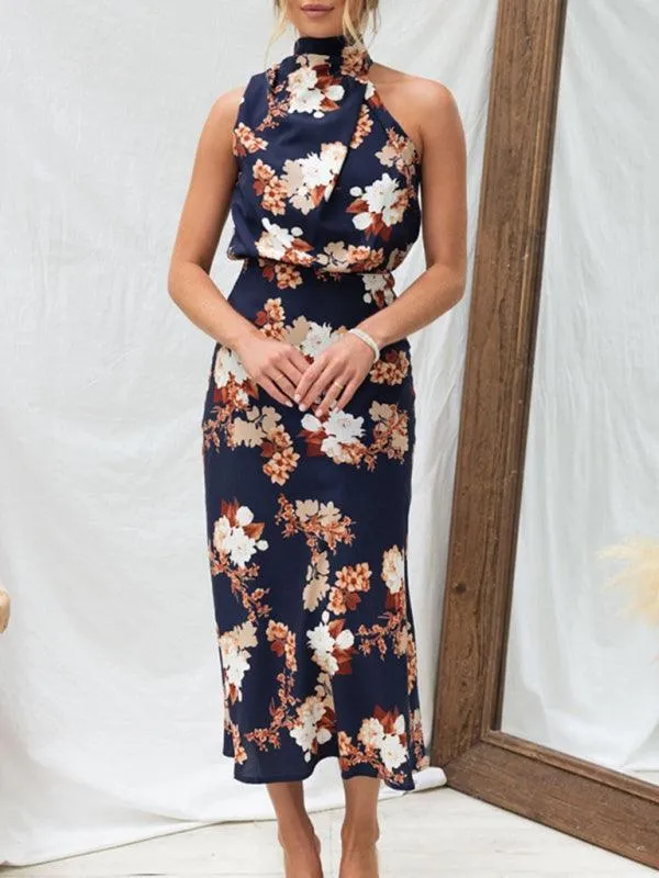 Elegant Floral Satin Halter Neck Dress - Women's Fashion Statement