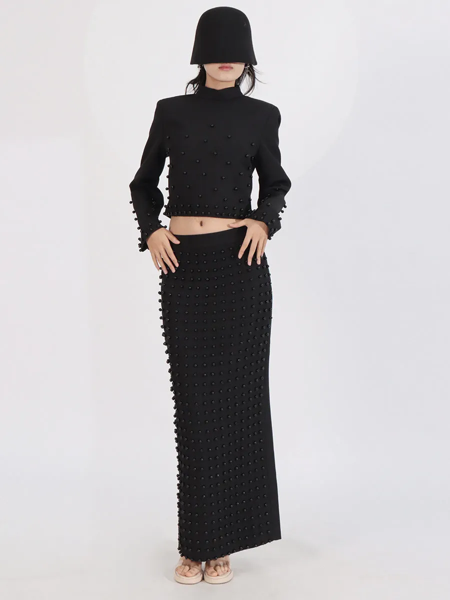 Elegant Long Sleeve Pearls Design Skirt Formal Two-Piece Sets