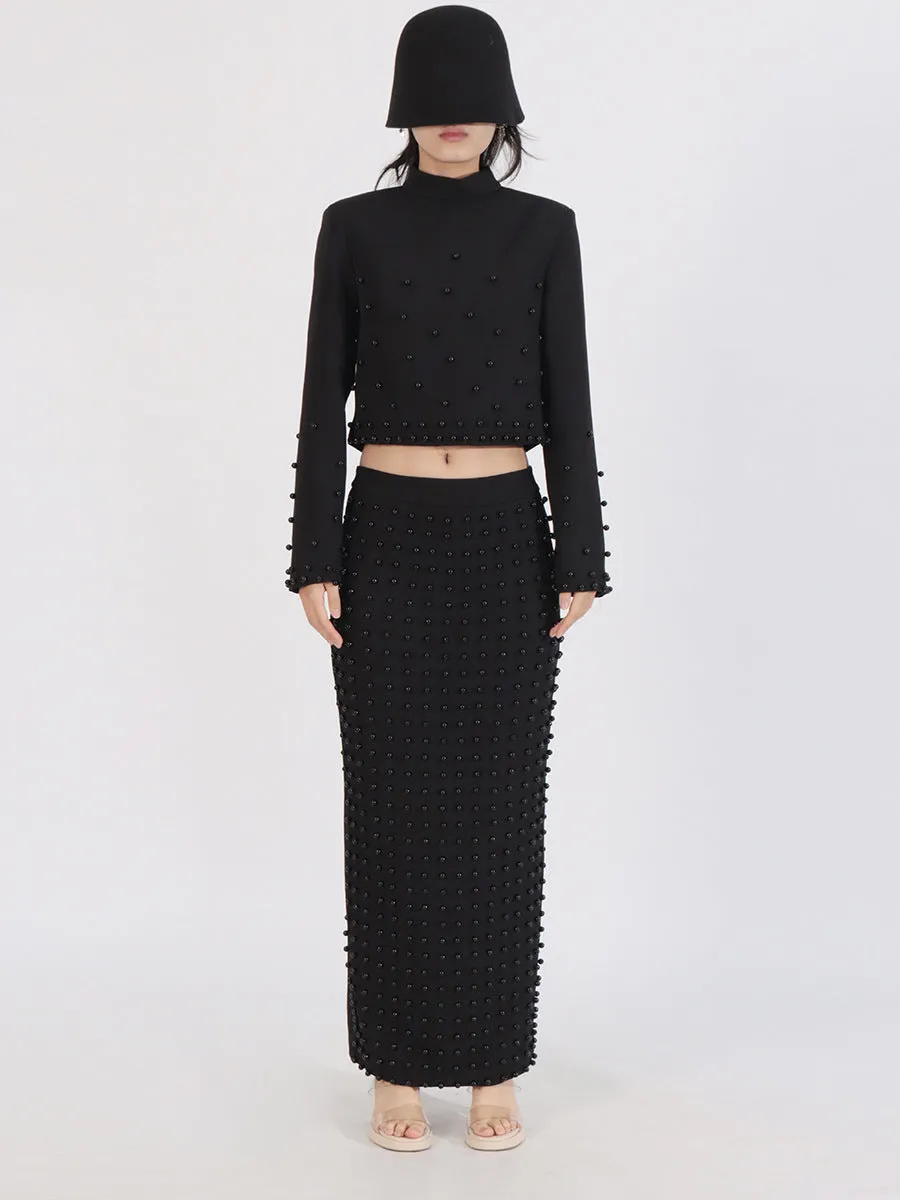 Elegant Long Sleeve Pearls Design Skirt Formal Two-Piece Sets