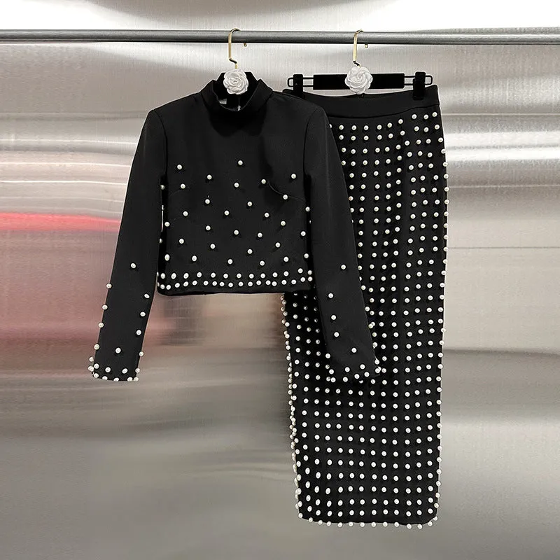 Elegant Long Sleeve Pearls Design Skirt Formal Two-Piece Sets