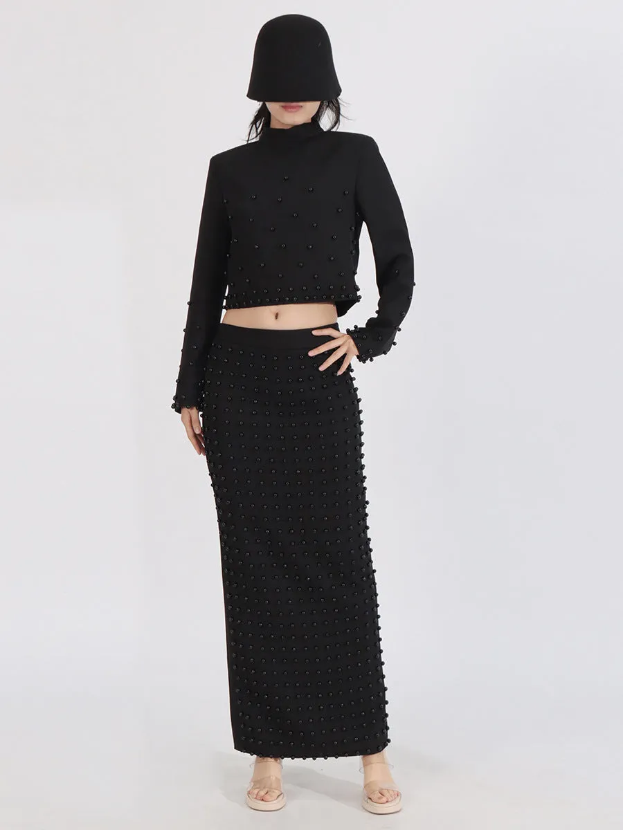 Elegant Long Sleeve Pearls Design Skirt Formal Two-Piece Sets