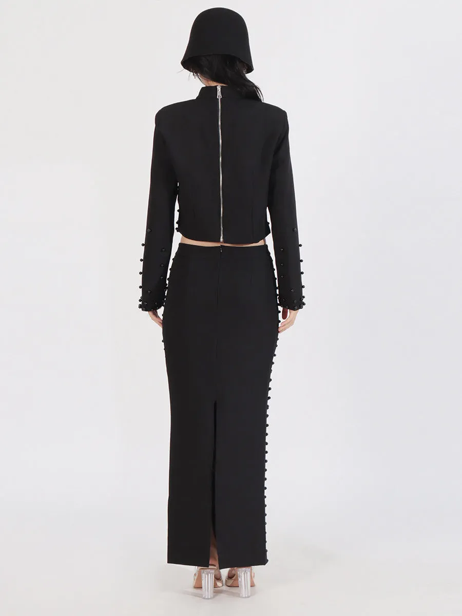 Elegant Long Sleeve Pearls Design Skirt Formal Two-Piece Sets