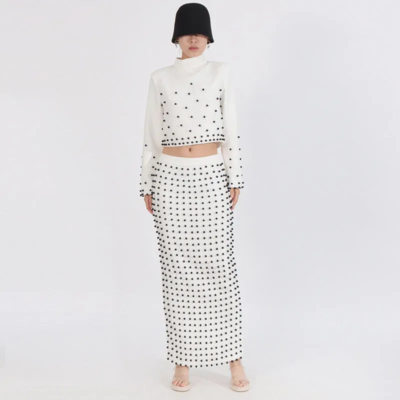 Elegant Long Sleeve Pearls Design Skirt Formal Two-Piece Sets