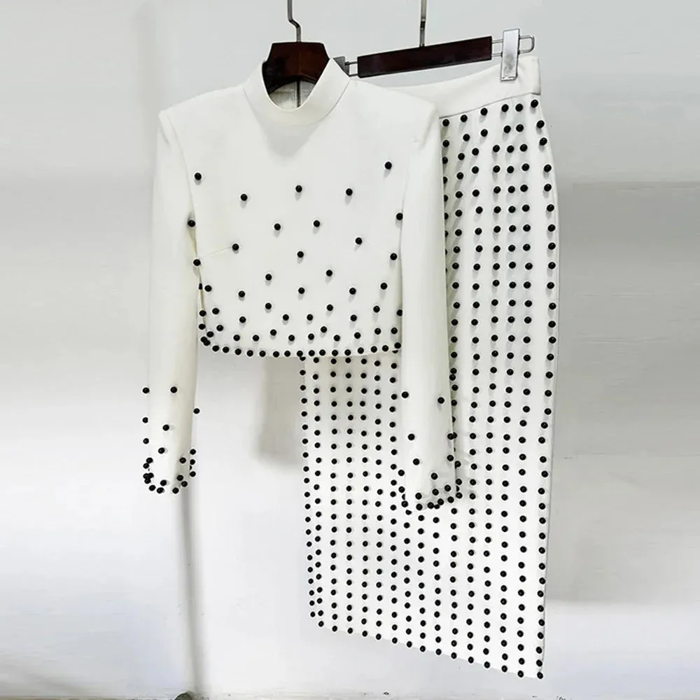 Elegant Long Sleeve Pearls Design Skirt Formal Two-Piece Sets