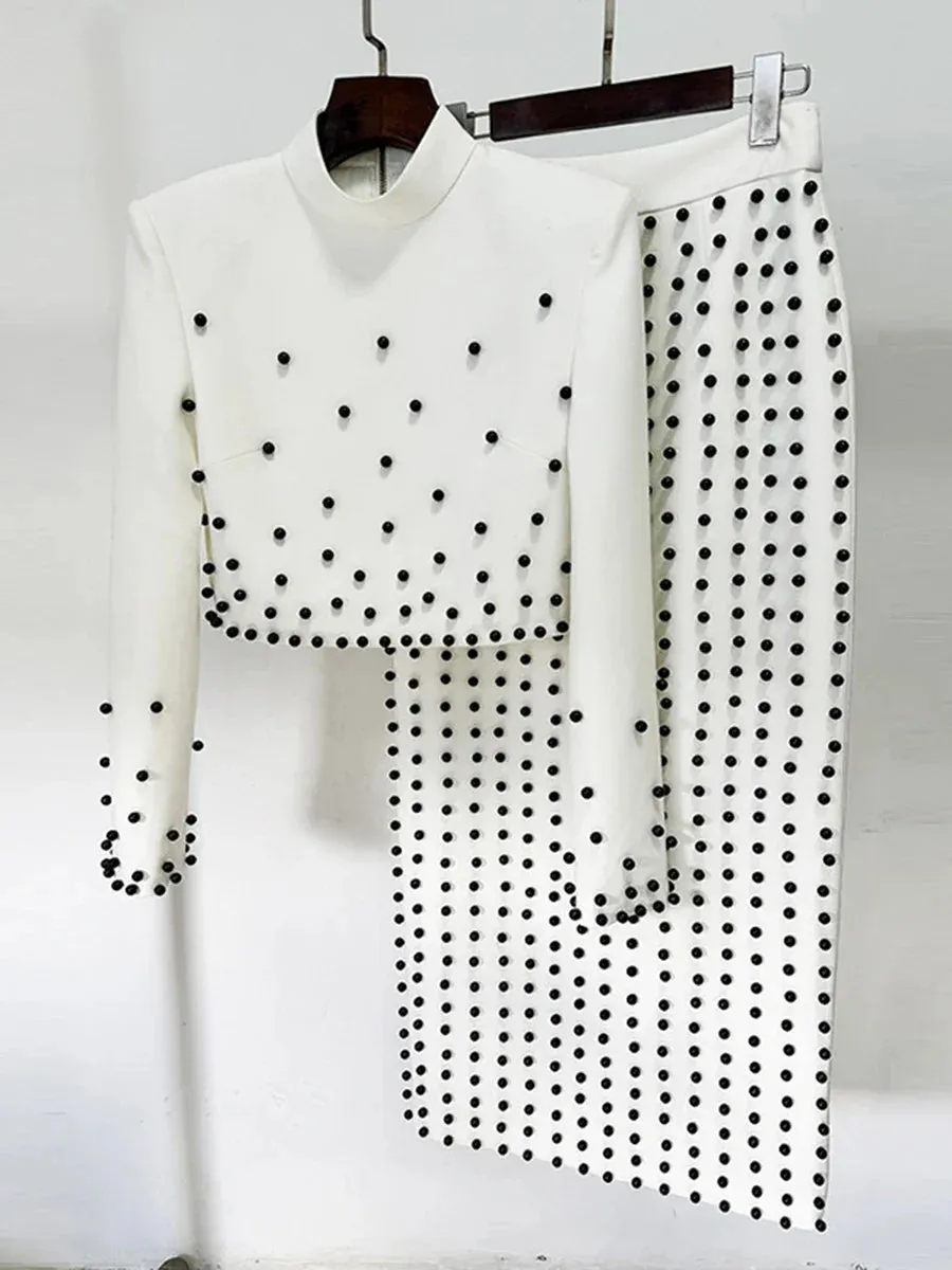 Elegant Long Sleeve Pearls Design Skirt Formal Two-Piece Sets
