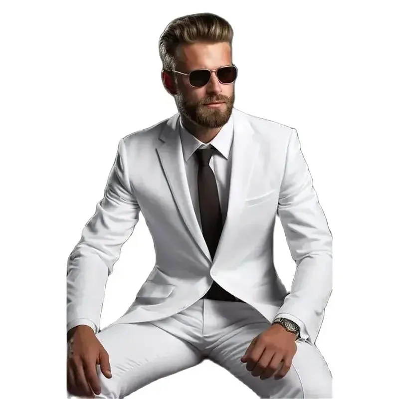 Elite Men Chic White Men Suits Formal Single Breasted Notch Lapel Skinny 2 Piece Jacket Pants