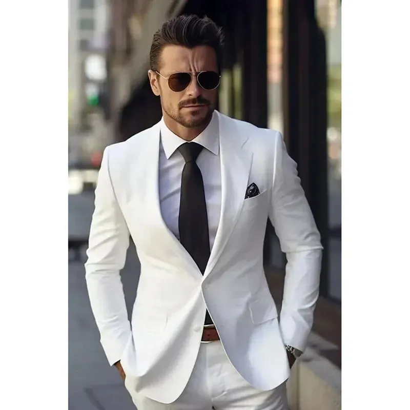 Elite Men Chic White Men Suits Formal Single Breasted Notch Lapel Skinny 2 Piece Jacket Pants