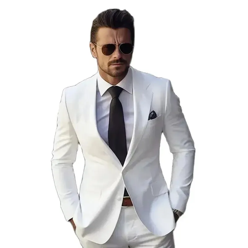 Elite Men Chic White Men Suits Formal Single Breasted Notch Lapel Skinny 2 Piece Jacket Pants