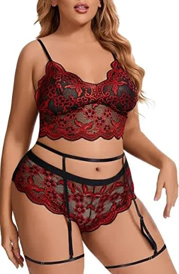 Elkaliy Large Lace Sexy V-neck High Waist Flower Lace Bra and Underpants 2-piece Set