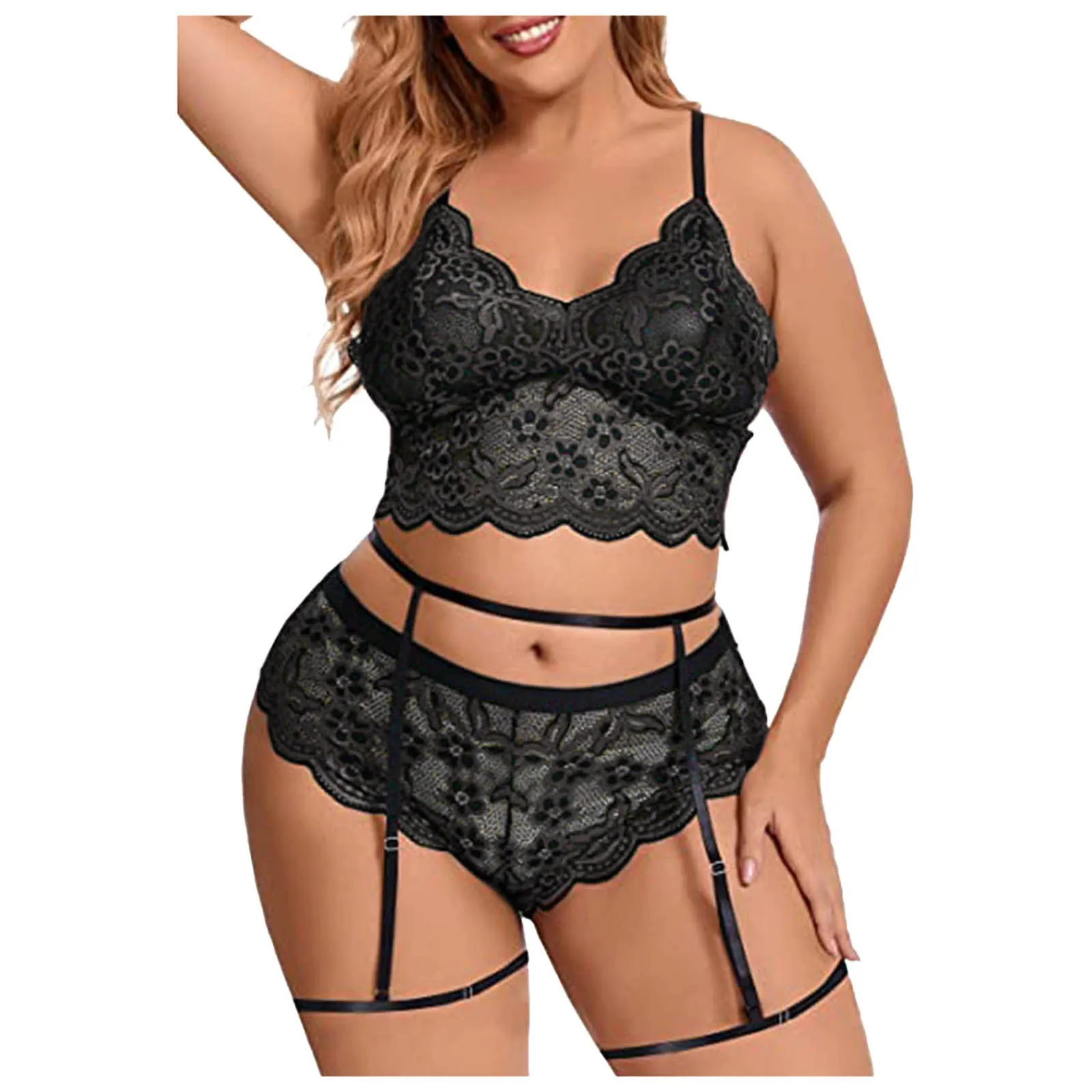 Elkaliy Large Lace Sexy V-neck High Waist Flower Lace Bra and Underpants 2-piece Set