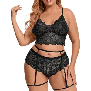 Elkaliy Large Lace Sexy V-neck High Waist Flower Lace Bra and Underpants 2-piece Set