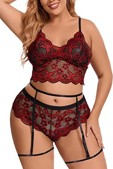 Elkaliy Large Lace Sexy V-neck High Waist Flower Lace Bra and Underpants 2-piece Set