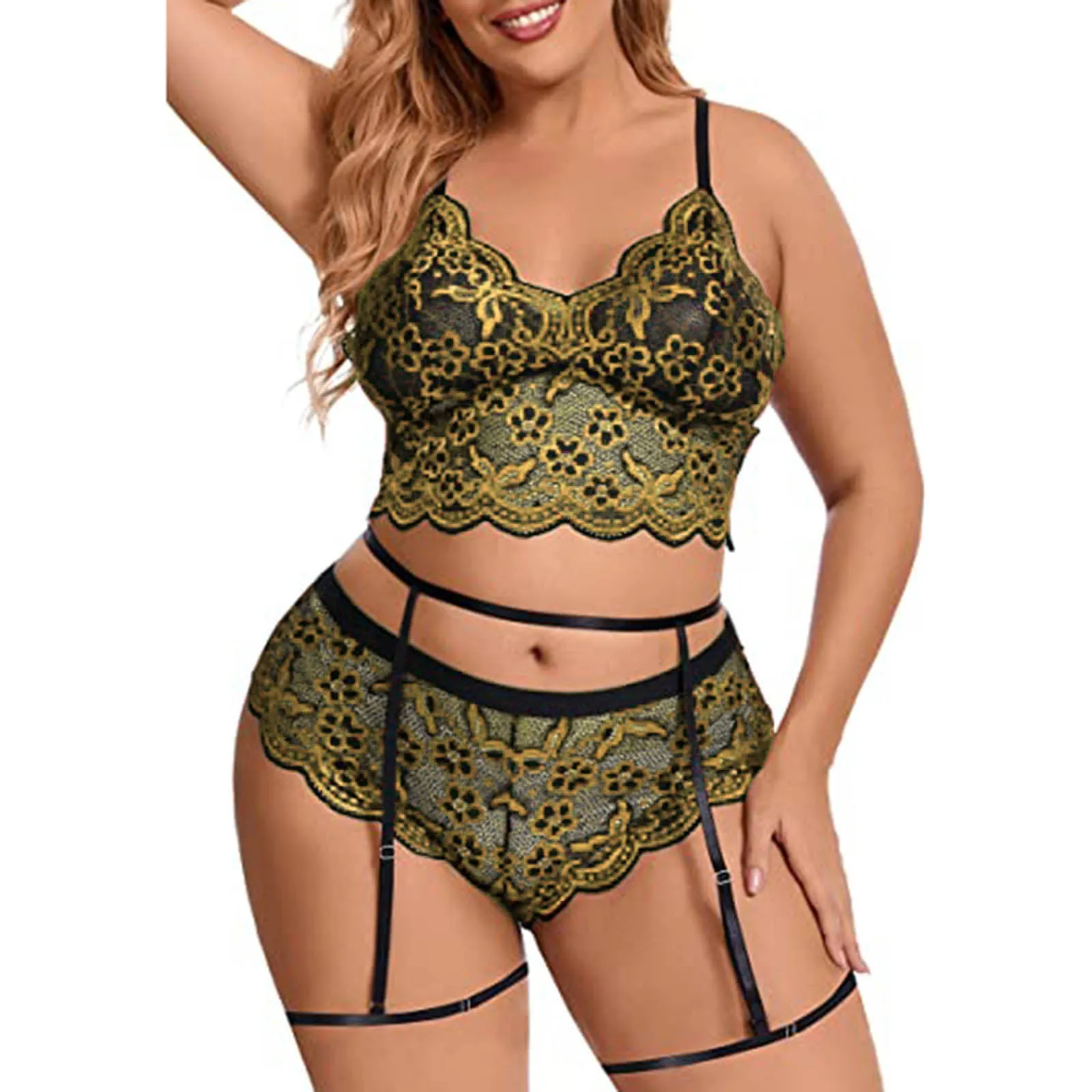 Elkaliy Large Lace Sexy V-neck High Waist Flower Lace Bra and Underpants 2-piece Set