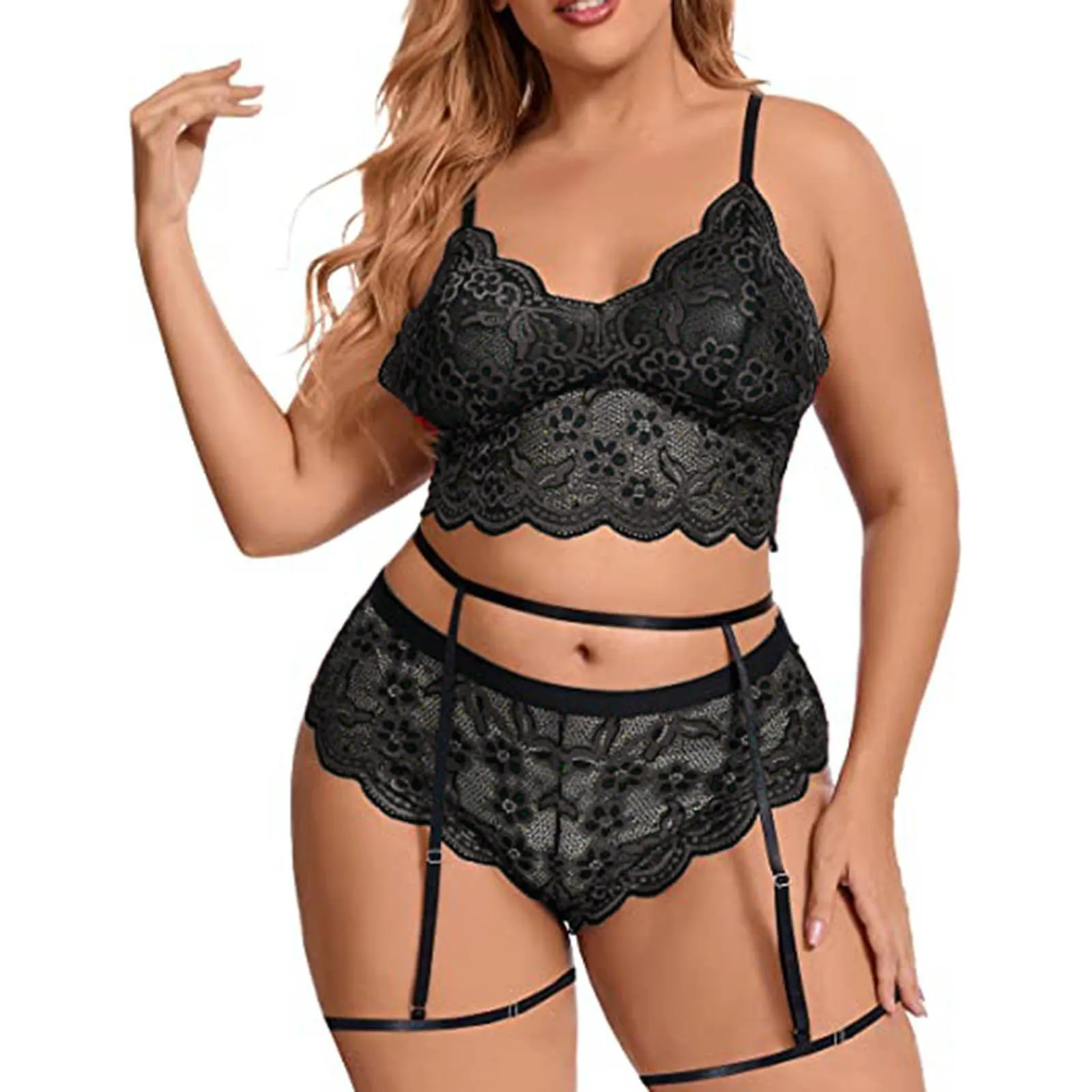 Elkaliy Large Lace Sexy V-neck High Waist Flower Lace Bra and Underpants 2-piece Set