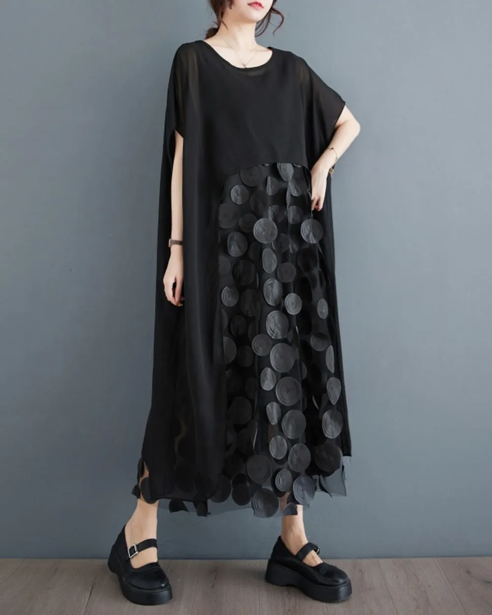 ellazhu Women's Dress Short Sleeves Crewneck Dots Two Piece Summer GZ204