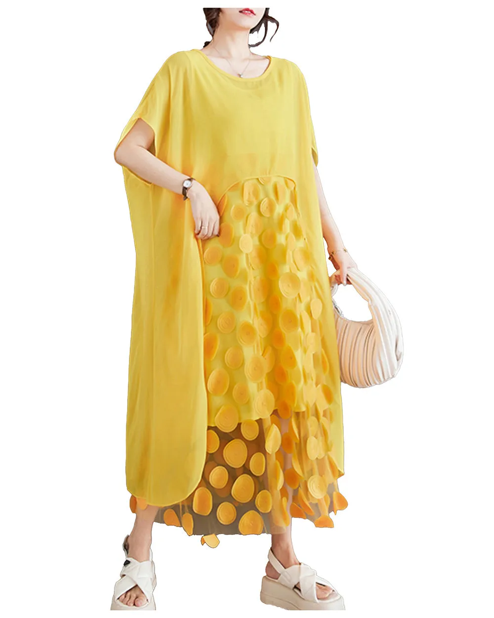 ellazhu Women's Dress Short Sleeves Crewneck Dots Two Piece Summer GZ204