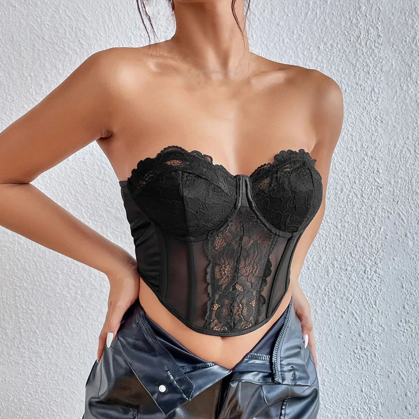 Embroidery Flower Women Bustier Tube See Through Punk Party Slim Fit Club Cami Top