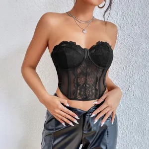 Embroidery Flower Women Bustier Tube See Through Punk Party Slim Fit Club Cami Top