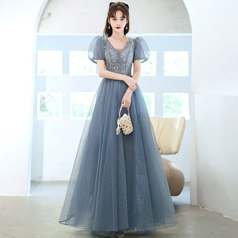 Evening Dress Women's French Blue Light Luxury Minority Pure Fairy Style Host Performance Costume Bel Canto Solo Dress