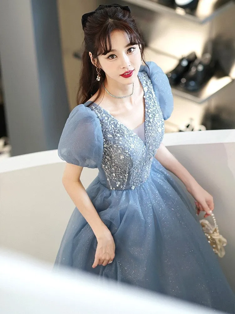 Evening Dress Women's French Blue Light Luxury Minority Pure Fairy Style Host Performance Costume Bel Canto Solo Dress