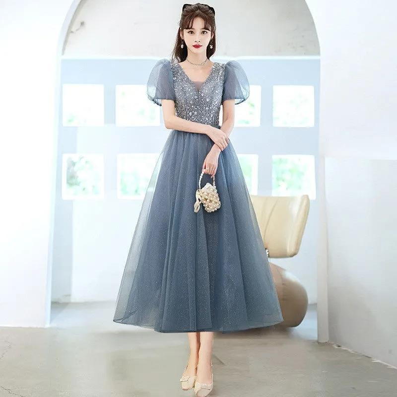 Evening Dress Women's French Blue Light Luxury Minority Pure Fairy Style Host Performance Costume Bel Canto Solo Dress