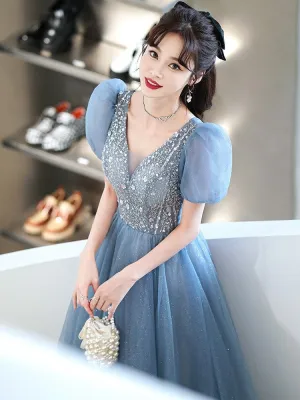 Evening Dress Women's French Blue Light Luxury Minority Pure Fairy Style Host Performance Costume Bel Canto Solo Dress