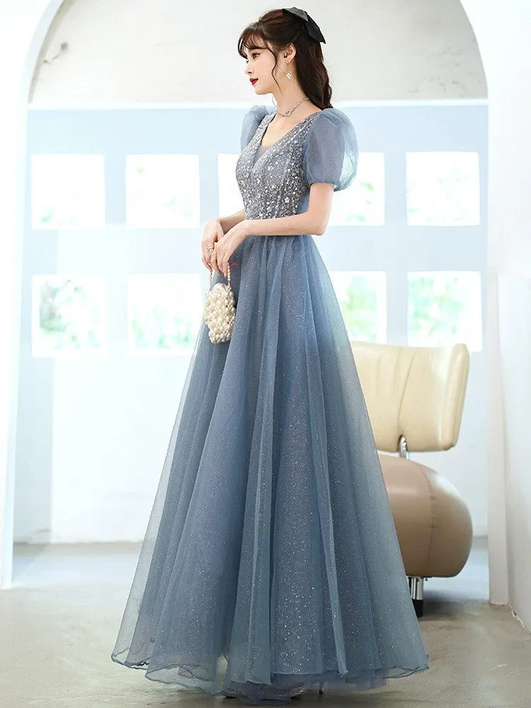 Evening Dress Women's French Blue Light Luxury Minority Pure Fairy Style Host Performance Costume Bel Canto Solo Dress