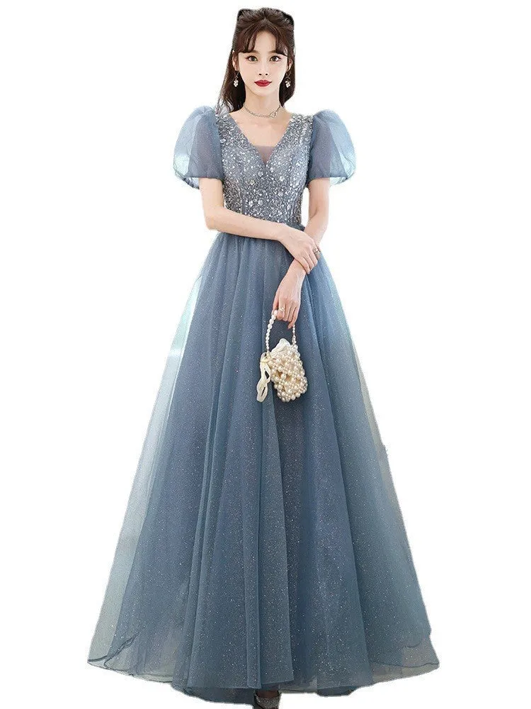 Evening Dress Women's French Blue Light Luxury Minority Pure Fairy Style Host Performance Costume Bel Canto Solo Dress