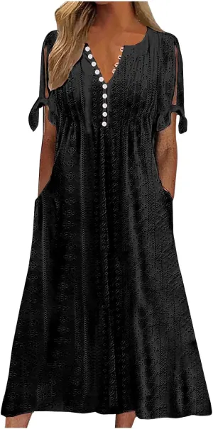 Eyelet Dress for Women Summer Wedding Guest Dresses Short Sleeve V Neck T Shirt Dress Plus Size A Line Maxi Sundress