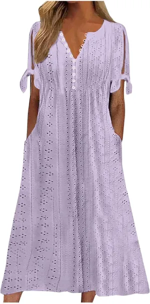 Eyelet Dress for Women Summer Wedding Guest Dresses Short Sleeve V Neck T Shirt Dress Plus Size A Line Maxi Sundress