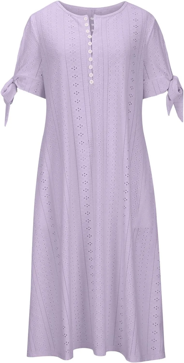 Eyelet Dress for Women Summer Wedding Guest Dresses Short Sleeve V Neck T Shirt Dress Plus Size A Line Maxi Sundress