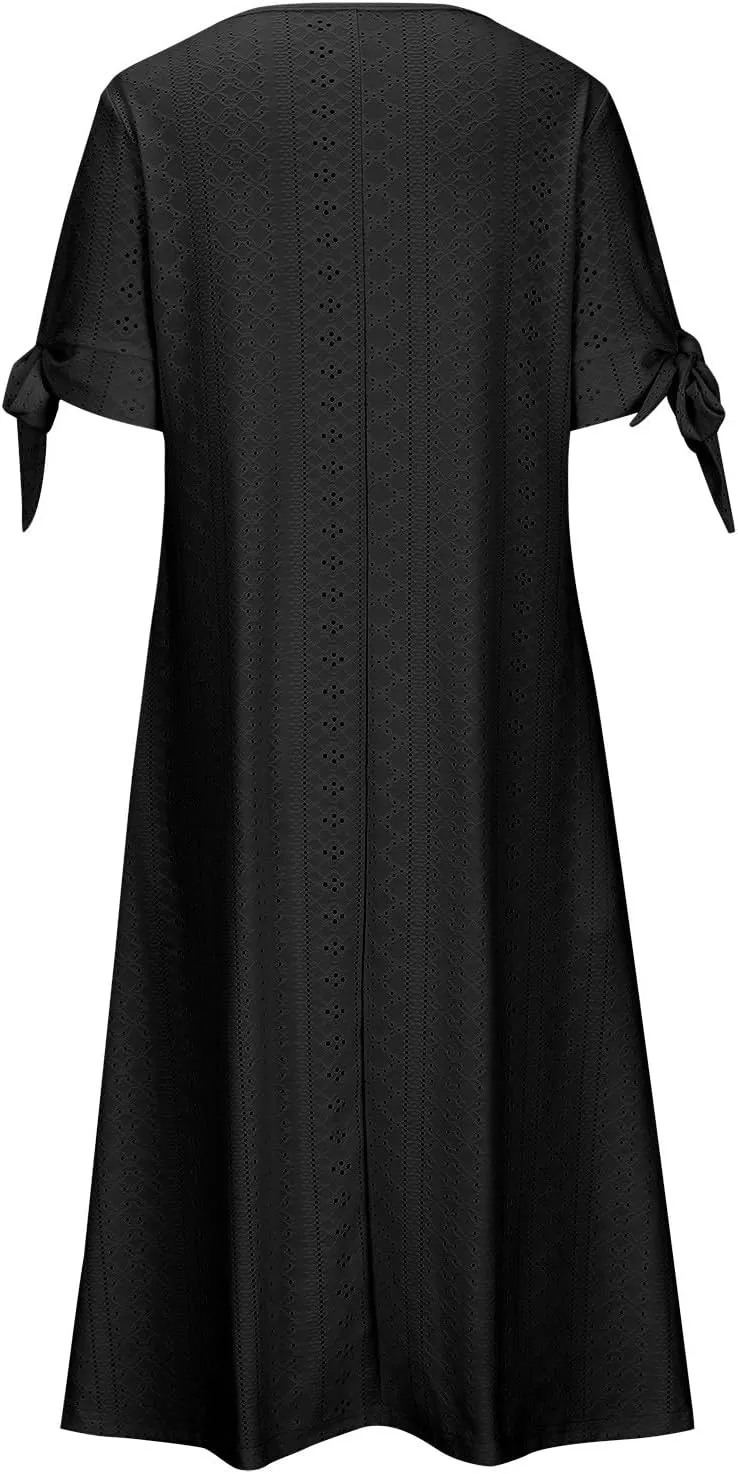 Eyelet Dress for Women Summer Wedding Guest Dresses Short Sleeve V Neck T Shirt Dress Plus Size A Line Maxi Sundress