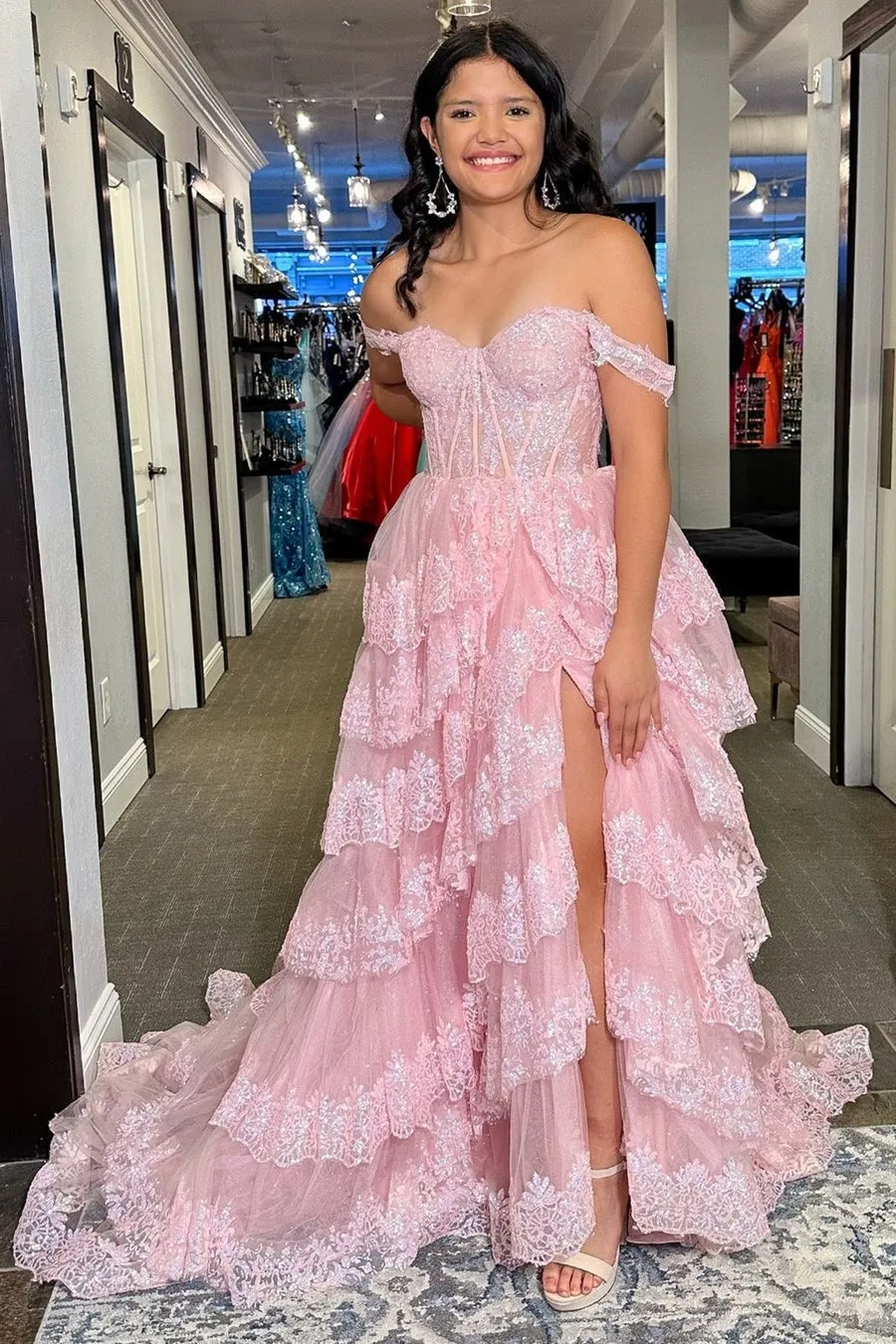 Fairy Ball Gown Off the Shoulder Tulle Pink Prom Dresses