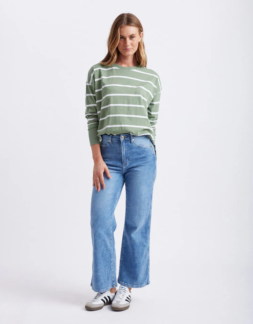 Farrah Stripe Long Sleeve - Sage/White Stripe