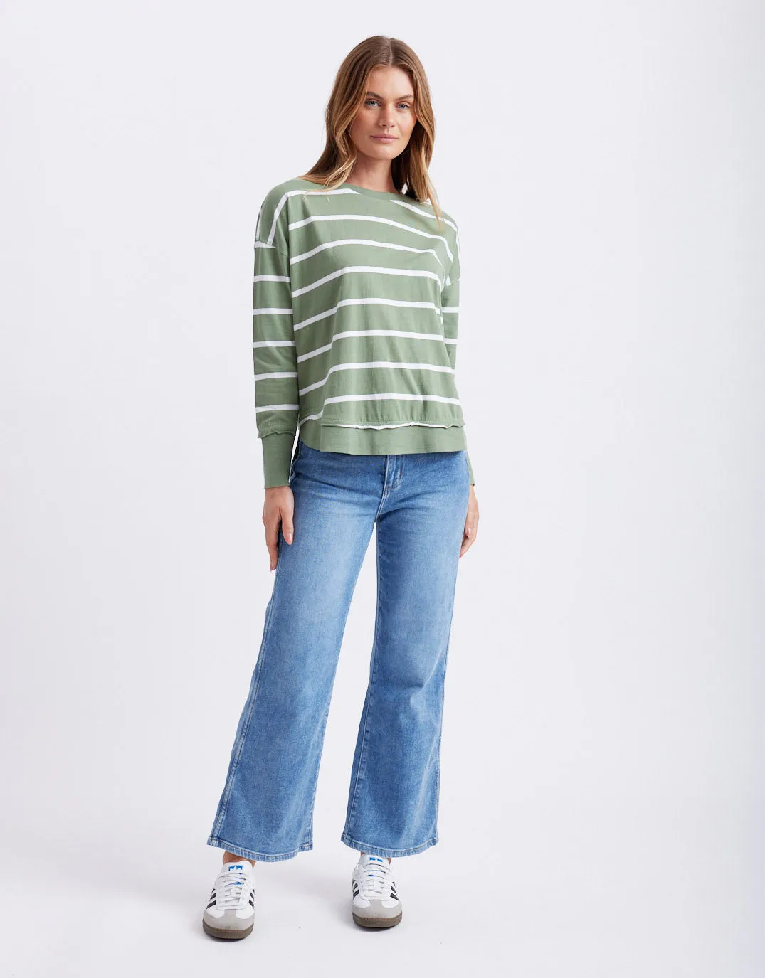 Farrah Stripe Long Sleeve - Sage/White Stripe