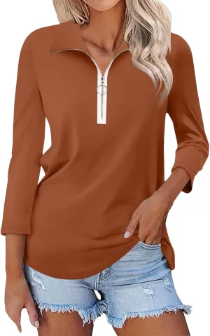 Fashion Quarter Zip Shirts for Women Fall Slim Fit Lapel Collared Pullover Tees Casual Business 3/4 Sleeve Shirt Tops