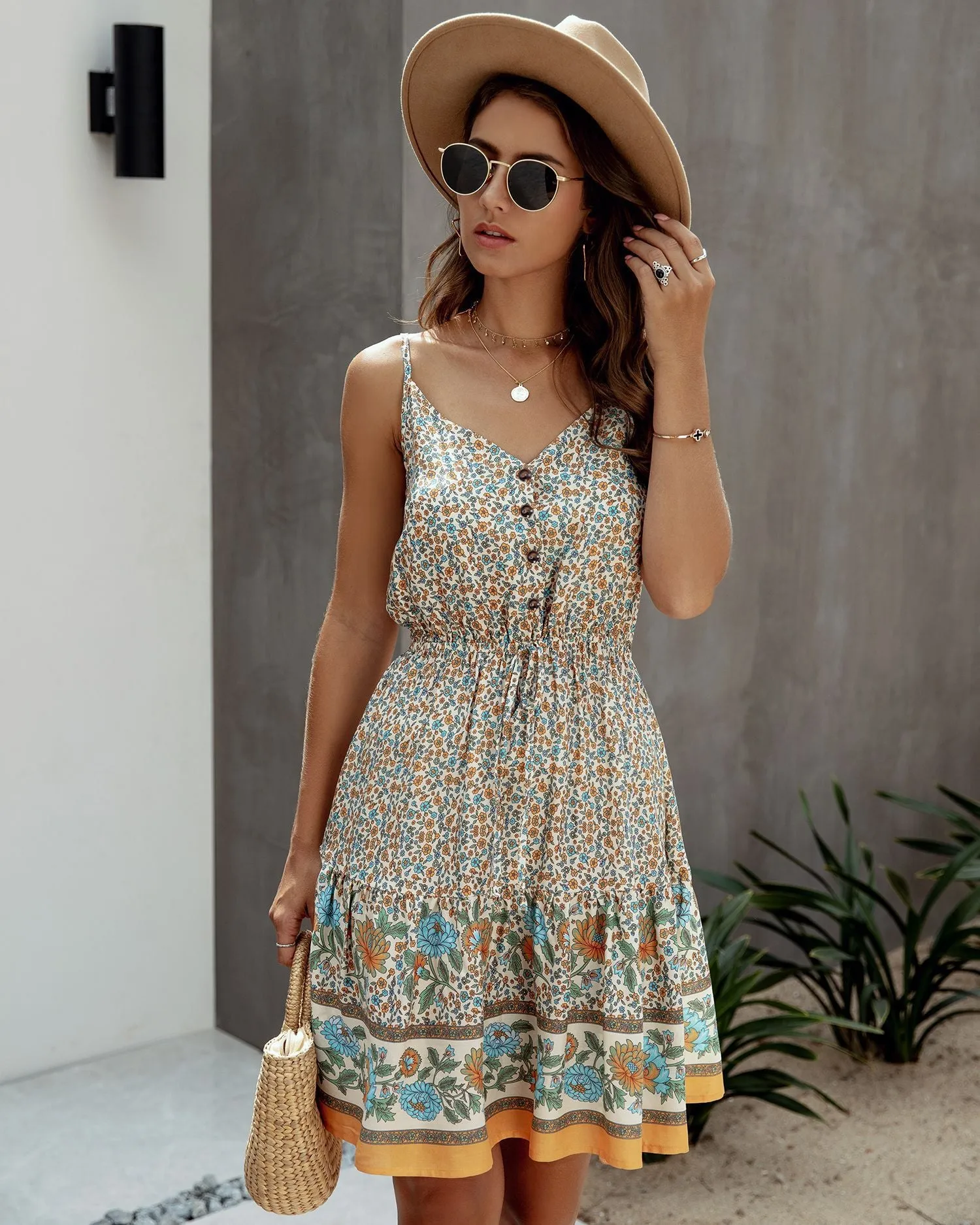 Fashion Spaghetti Printed V Neck Button Smocking Drawstring Casual Dress