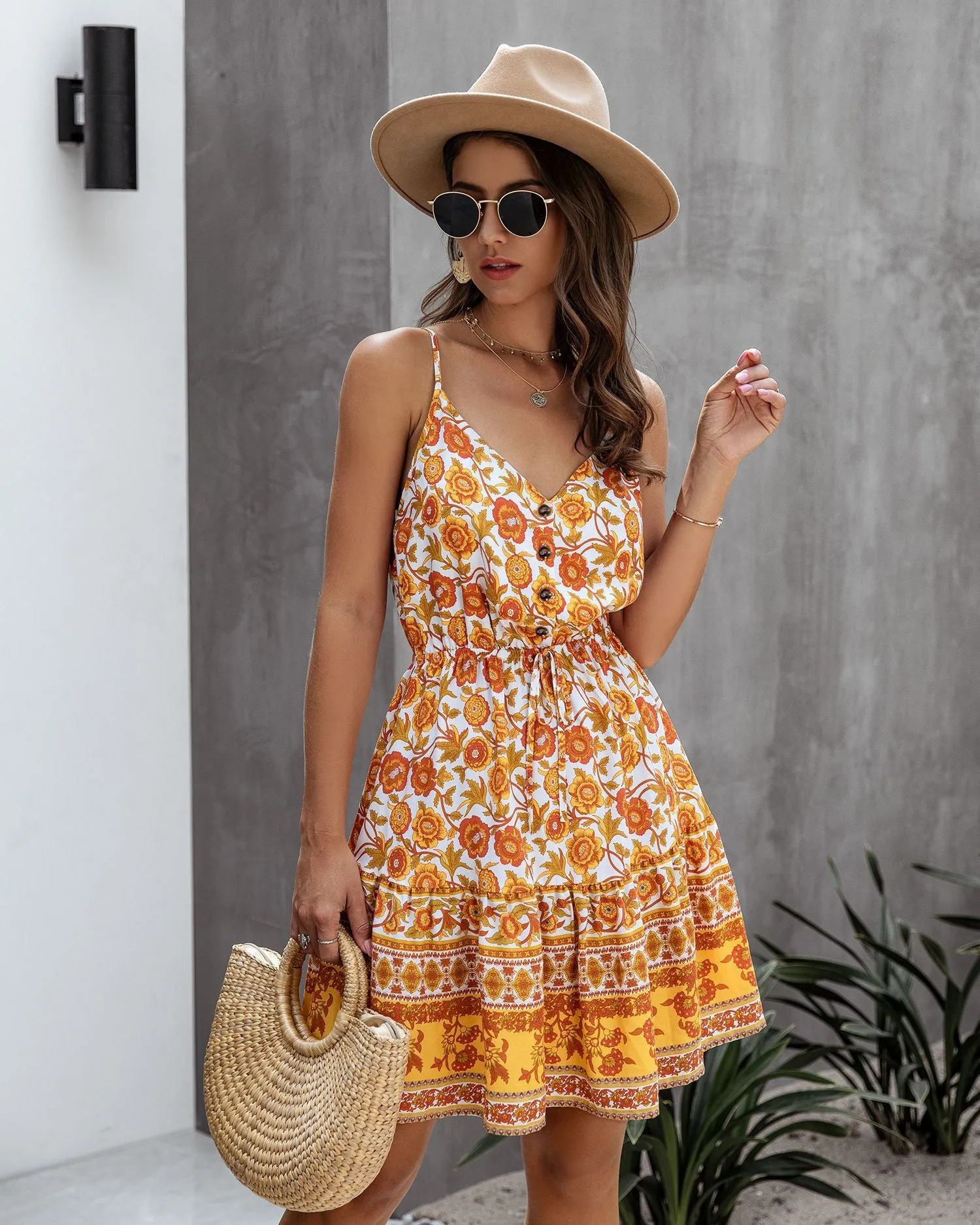 Fashion Spaghetti Printed V Neck Button Smocking Drawstring Casual Dress