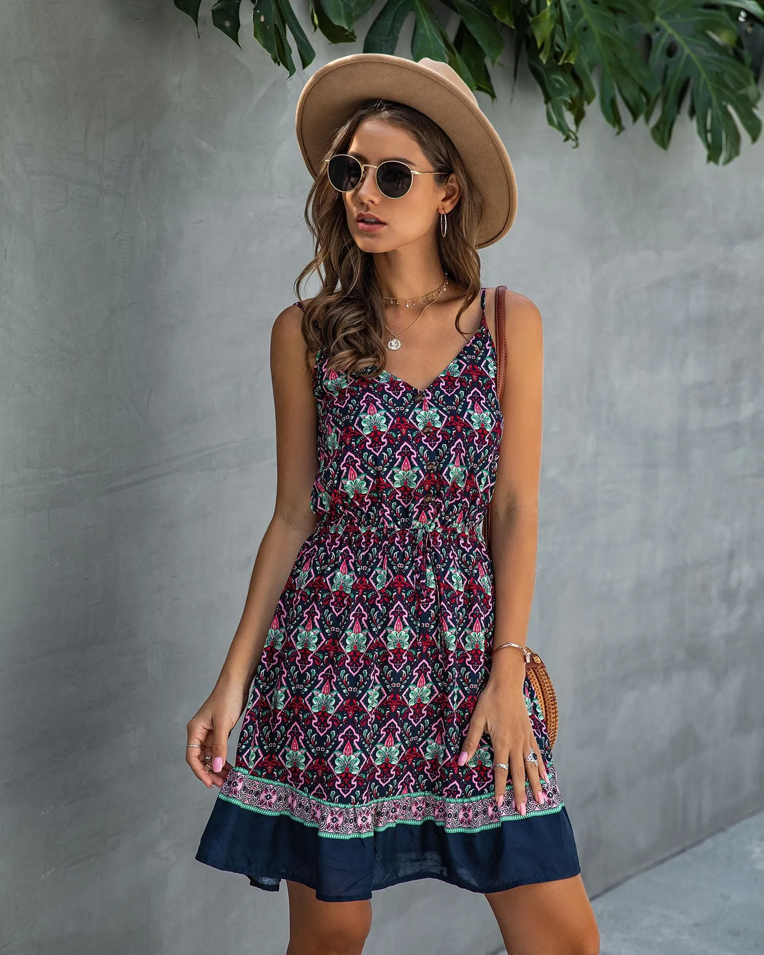 Fashion Spaghetti Printed V Neck Button Smocking Drawstring Casual Dress