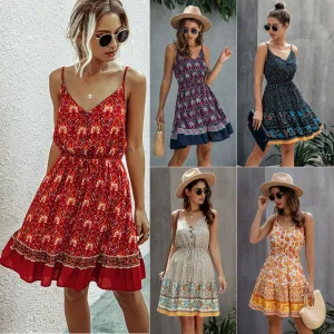 Fashion Spaghetti Printed V Neck Button Smocking Drawstring Casual Dress