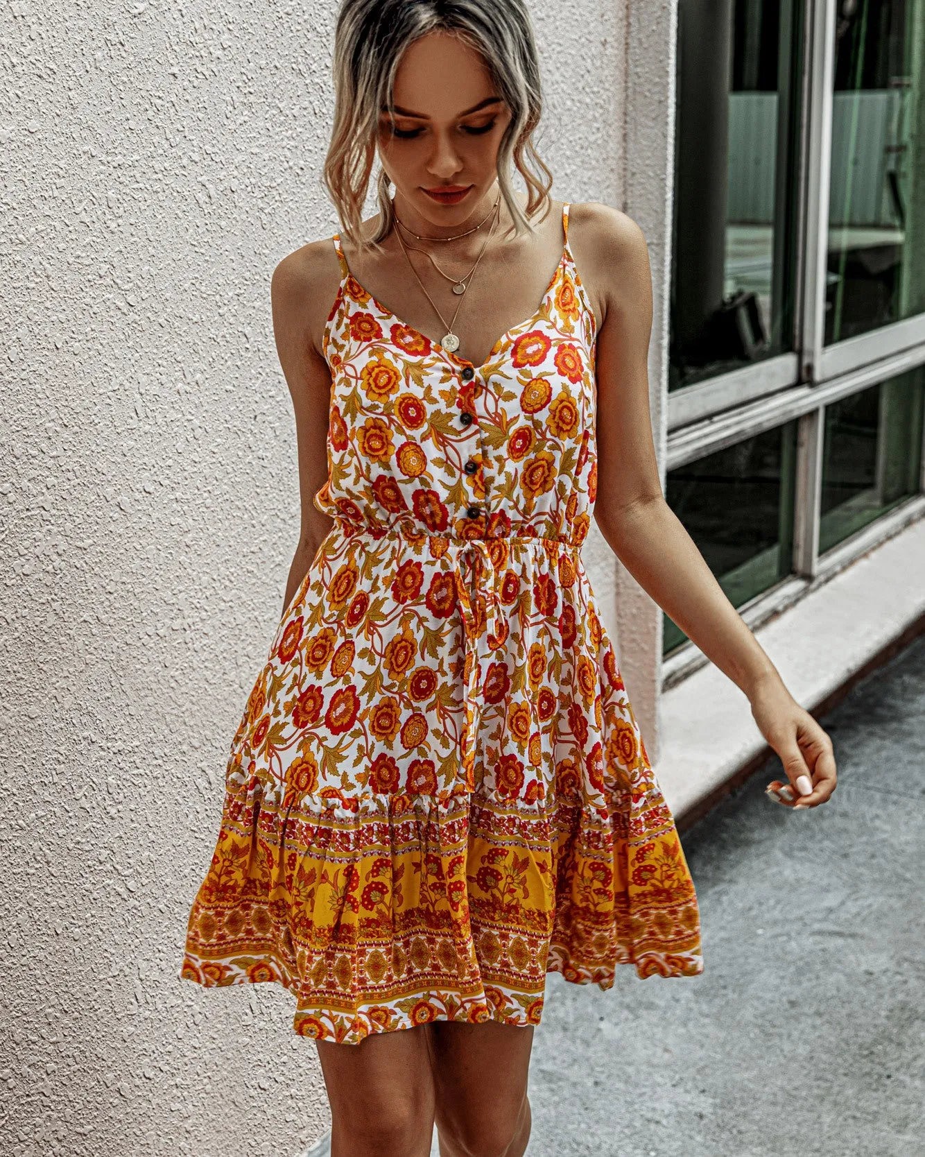 Fashion Spaghetti Printed V Neck Button Smocking Drawstring Casual Dress